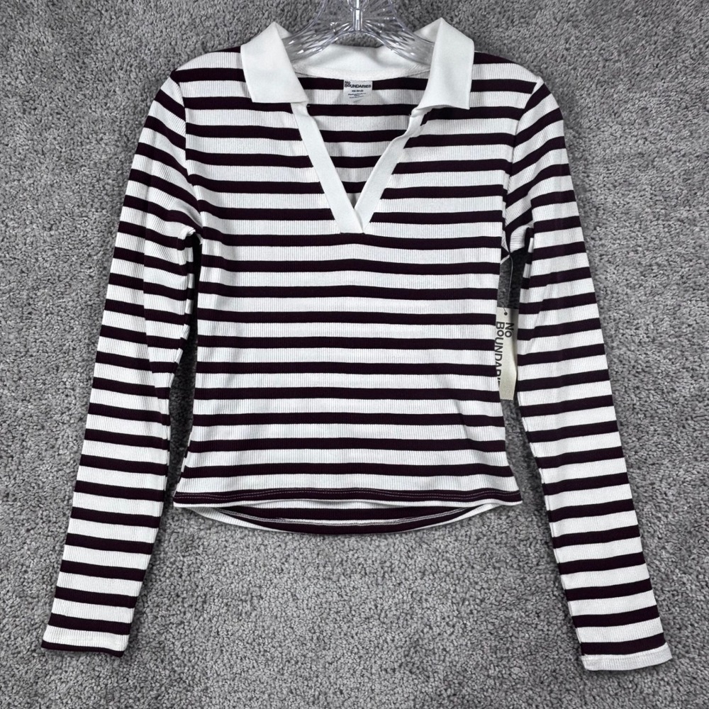 No Boundaries Johnny Collar Tee XS Dark Cherry White Striped Ribbed Long Sleeve